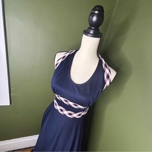 Vintage 60’s polyester maxi halter dress navy/red/white XS